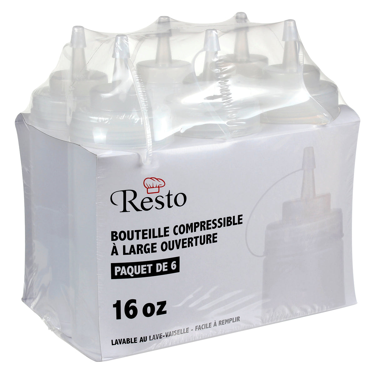 Resto 473 mL (16 oz) Clear Wide-mouth Squeeze Bottle - Pack of 6