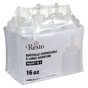 Resto 473 mL (16 oz) Clear Wide-mouth Squeeze Bottle - Pack of 6