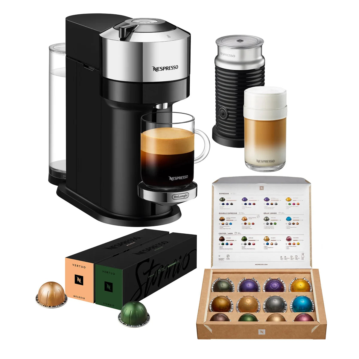 Nespresso Virtuo Next Deluxe - Coffee Machine and Espresso de De’Longhi, chrome with Aeroccino milk mousseur