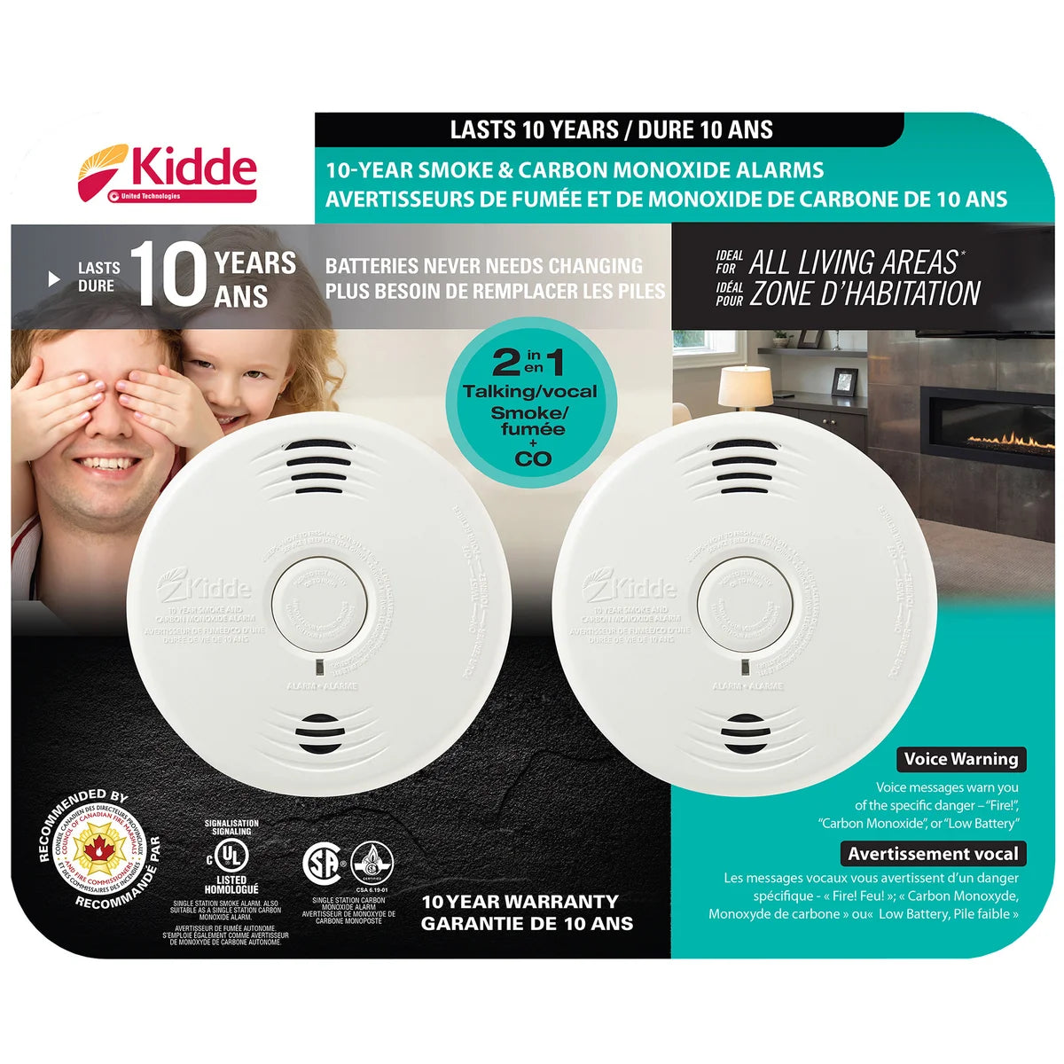 Kidde - Smoke and carbon monoxide vocal warnings with a lifespan of 10 years, set of 2