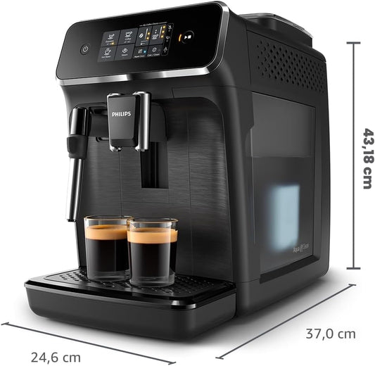 Philips 2200 Series Machine à expresso entièrement automatique, mousseur à lait classique, 2 variétés de café, écran tactile intuitif, broyeur 100 % céramique, filtre AquaClean, joint d'arôme, noir