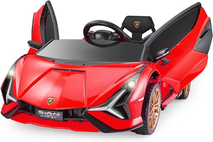 Voltz Toys Voiture électrique 12 V pour enfants, sous licence officielle Lamborghini SIAN, voiture électrique à piles avec télécommande, lumières LED et lecteur MP3 (rouge)