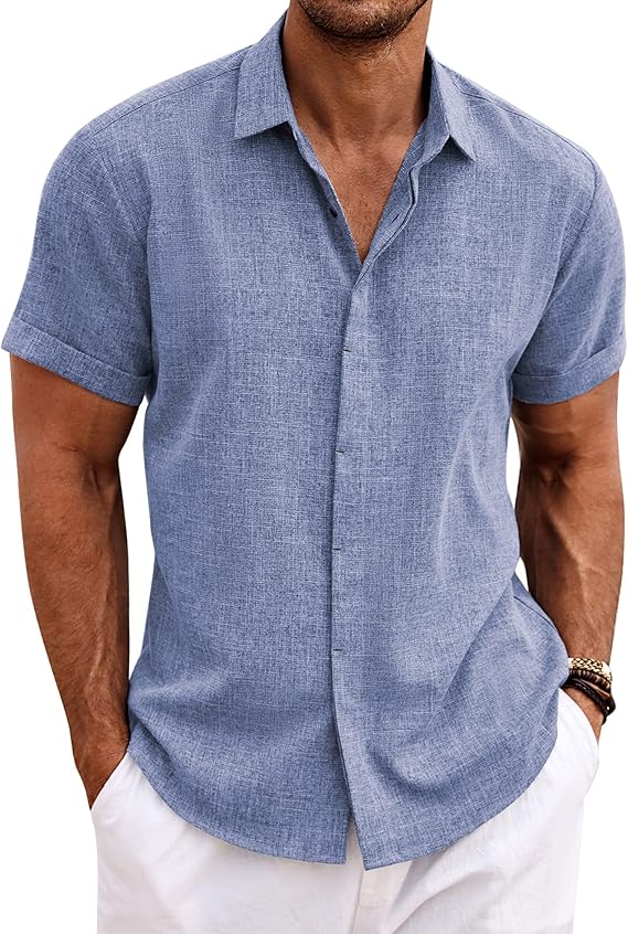 Chemises boutonnées à manches courtes en coton et lin pour homme