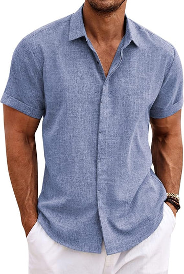 Chemises boutonnées à manches courtes en coton et lin pour homme
