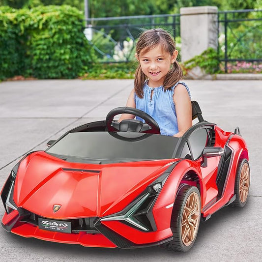 Voltz Toys Voiture électrique 12 V pour enfants, sous licence officielle Lamborghini SIAN, voiture électrique à piles avec télécommande, lumières LED et lecteur MP3 (rouge)