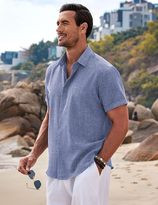 Chemises boutonnées à manches courtes en coton et lin pour homme