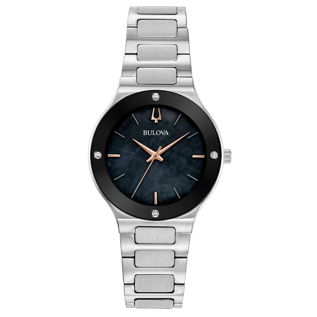 Bulova Modern Quartz watch for Men, stainless steel, diamond, tone silver (model: 96e117), black, one -sized, classic