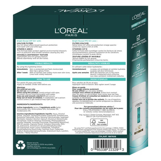 L'Oreal Paris Bright Reveal - Crème hydratante éclaircissante quotidienne pour le visage FPS 50